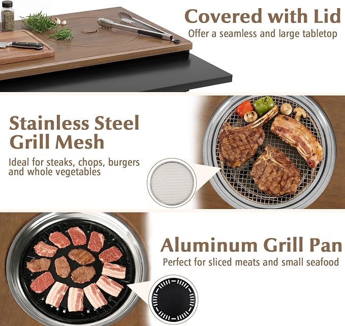 Giantex Outdoor Grill Cart with Korean BBQ Charcoal Grill, Dual Cooking Surfaces, Rolling Food Prep Table with Foldable Side Shelf, Storage Shelves, Wood-Look Top, for Patio, Party & Backyard Cooking
