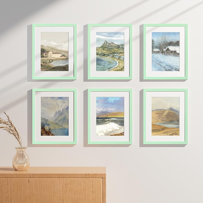Vittanly 11x14 Picture Frames Set of 9 for Wall Mounting, Light Green | Display Pictures 8x10 with Mat or 11x14 without Mat, Engineered Wood with Shatter Resistant Plexiglass, Gallery Photo Frames