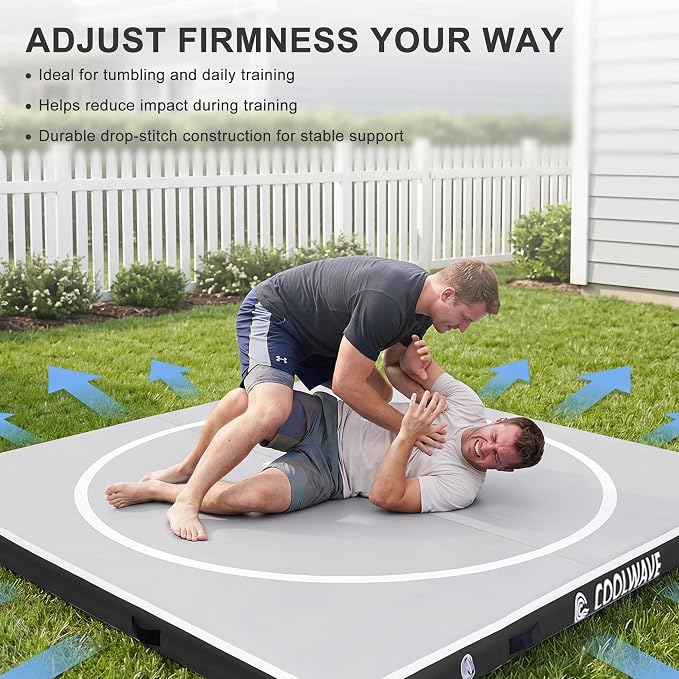 COOLWAVE Inflatable Wrestling Mat and Jiu Jitsu Mats for Home Gym or Outdoor Training, Great for BBJ, MMA, Martial Art, Grappling, Judo, Boxing, Yoga and More with Soft Landings and Good Bounce