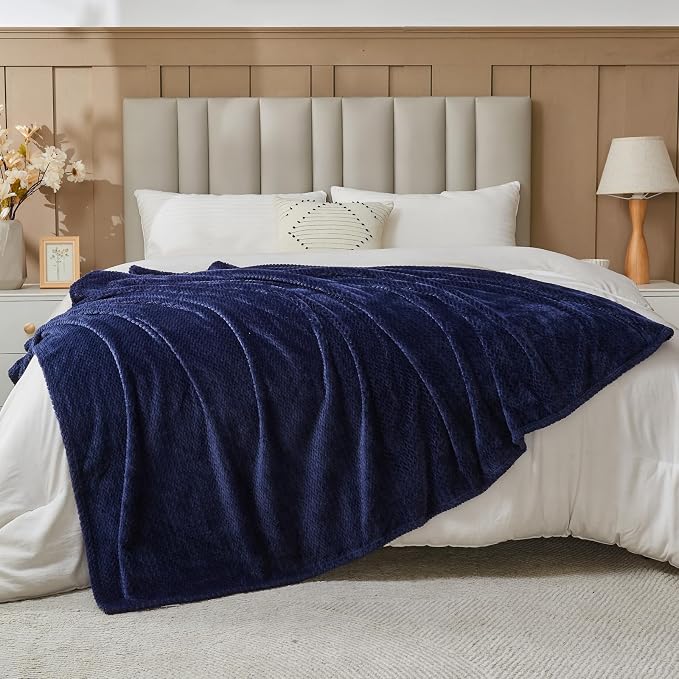 NEWCOSPLAY Fleece Leaves Pattern Throw Blanket, Dark Navy, 50"x60" | Super Soft Throw Blanket, Lightweight Cozy Bed Sofa Blanket, Premium Silky Flannel Fleece, Travel Blanket for All Season Use