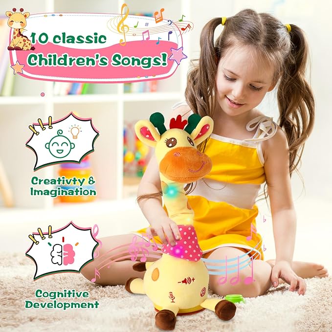 MIAODAM Dancing Talking Giraffe Stuffed, Singing 10 Children's Song, Stuffed Baby Toy Repeats What You Say, Colorful Glowing Giraffe Plush Interactive Toys for Baby 1-3 Year