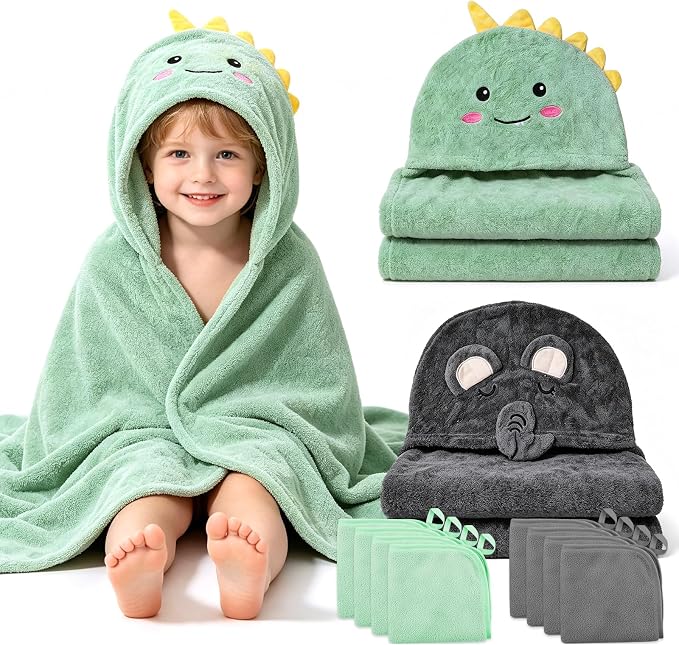 10 PCS 55in*27.5in Cute Baby Towels Set, 2 PCS Soft Baby Hooded Towels & 8 PCS Washcloths, Baby Bath Towels for Newborns, Infants & Toddlers, Ultra Absorbent, Cute Baby Towel Gift for Boys & Girls