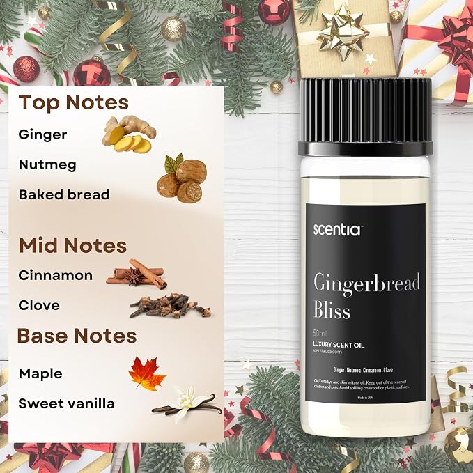 Scentia Gingerbread Bliss Fragrance Oil – 120 ml Christmas Diffuser Oil | Cozy Holiday Blend with Nutmeg, Cinnamon & Vanilla | Aromatherapy for Home, Candles, Soaps & Holiday Décor | Made in USA