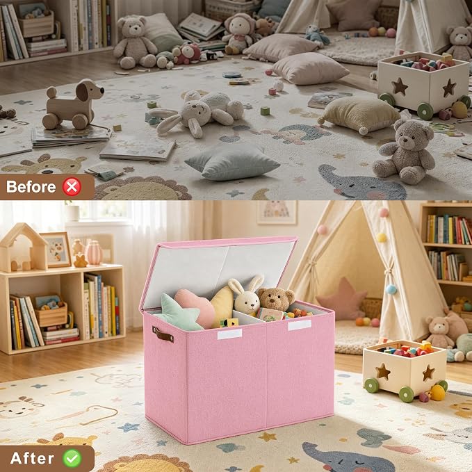 Large Toy Storage Box with Lids, Collapsible Sturdy Baby Storage Organizer Chest Bin Basket for Kids, Boys, Girls, Playroom, Nursery, Bedroom, Closet 25"x13"x16" (Pink)