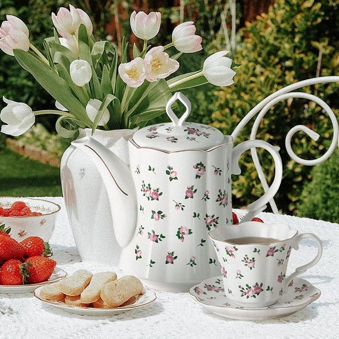 Vintage Floral Tea Pot with Infuser, 45oz, Ceramic Teapot with Tea Strainers for Loose Leaf Tea, Rose Teapots for Tea Party