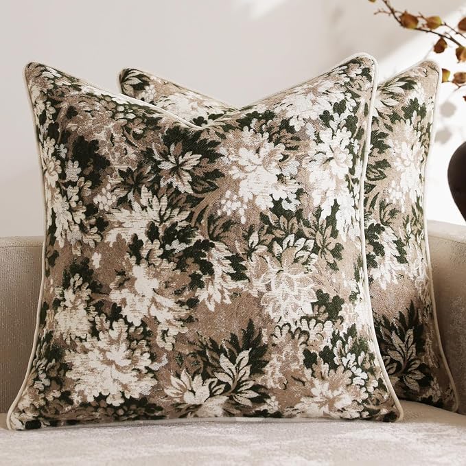 Pack of 2 Vintage Floral Throw Pillow Covers 20x20 Boho Farmhouse Accents Chenille Square Decorative Pillow Cases for Living Room Couch Bed Home Decor, Green and Taupe