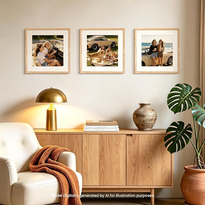 upsimples 16x16 Picture Frame, Display Pictures 12x12 with Mat or 16 x 16 Without, Wall Hanging Square Frames, Natural Style, 1 Pack