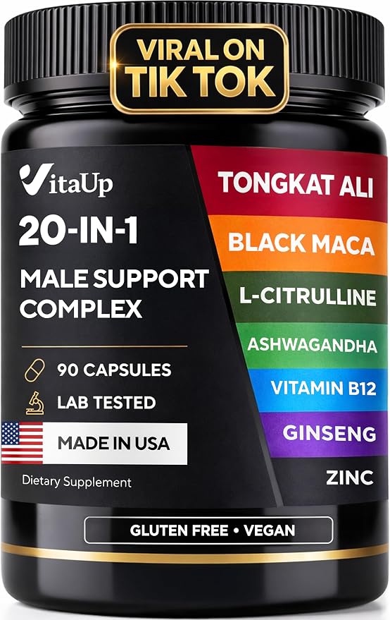 Vitamins for Men 20 in 1 - USA Made Advanced Complex with Tongkat Ali, Black Maca Root for Men, Zinc, Vitamin B12, Astragalus for Normal Energy Support - 90 Vegan Caps