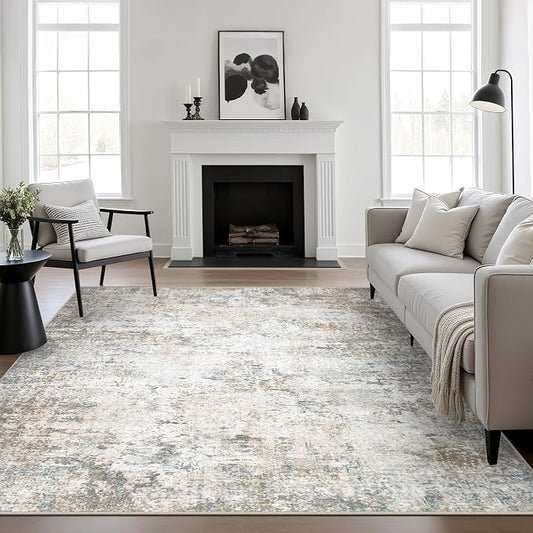 6x6 Area Rug Living Room Rug: Washable Modern Abstract Soft Thin Rug Indoor Floor No Slip Stain Resistant Carpet for Bedroom Dining Room Farmhouse Nursery Home Office - Brown Grey