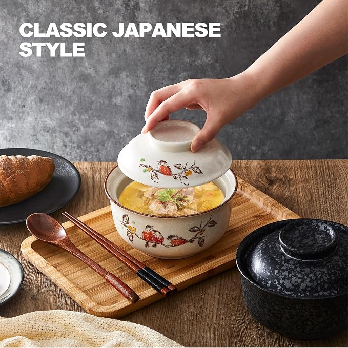 LemonRoad 4 Pack 25oz Japanese Dinnerware Set Ceramic Ramen Bowl with Lid Microwavable with Chopsticks and Spoon Korean Soup Bowl Clay Pot for Noodle Rice Porridge(Retro Mixed)