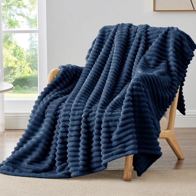 BEDELITE Striped Fleece Throw Blanket, Navy, 50"x60" | 300GSM Microfiber Fleece, Soft Cozy, Lightweight Warm, Machine Washable, Room Decor, Gifts for Men Boys Dad, for Couch Sofa