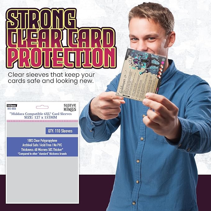 Sleeve Kings Standard Card Sleeves – 110 Count, Clear 60 Micron Thickness, XXL Size (127 x 153 mm), Compatible with Middara & More – SKU: SKS-8836