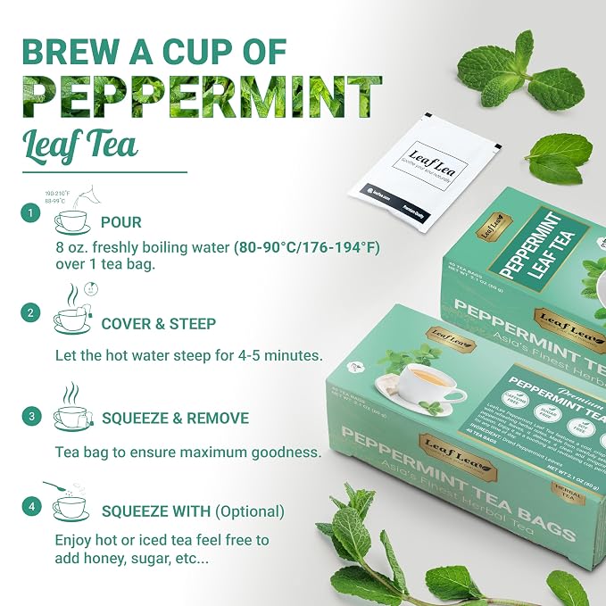 LeafLea Peppermint Tea Bags, Pure Peppermint Leaf Tea, 80 Count, 2-Pack | Real Mint Tea Bags With Smooth, Cooling Flavor, Caffeine-Free, Vegan, Individually Foil-Wrapped, Great To Share