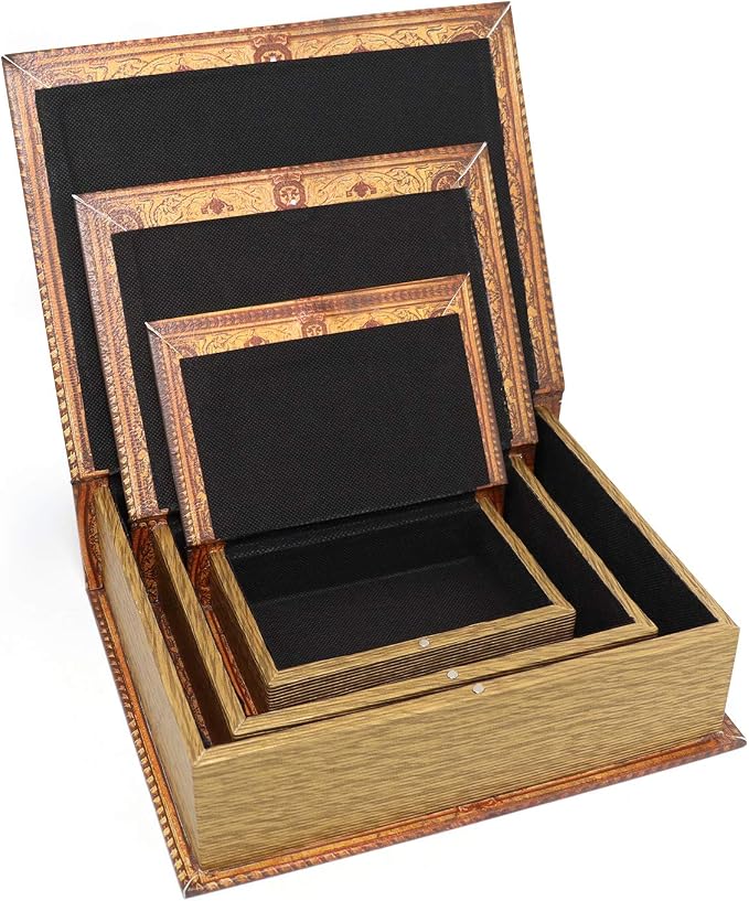 Jolitac Decorative Book Boxes World Map Pattern Antique Book Invisible box with Magnetic cover, Faux Wood Set of 3 Storage Set (Classic)