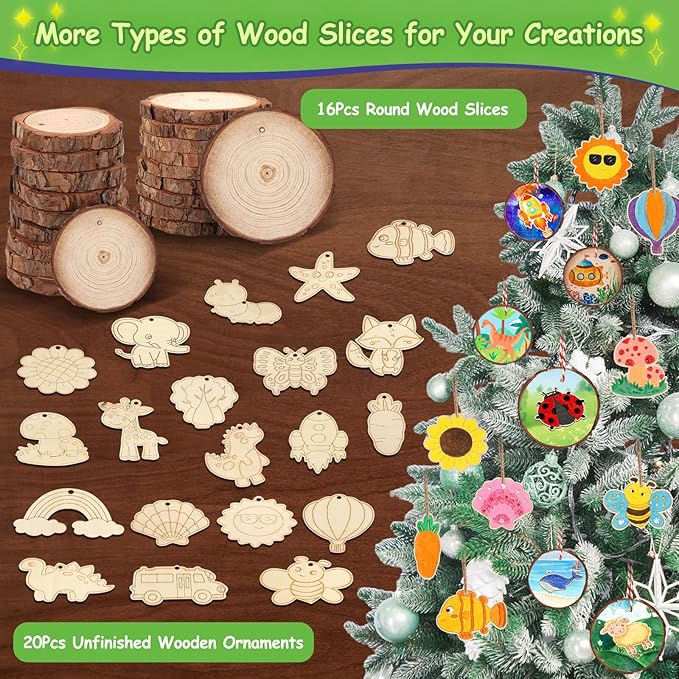 Natural Wooden Slices Painting Craft Kit, 16PCS Unfinished Wood Slices & 20Pcs Unfinished Wooden Ornaments, DIY Glow in The Dark Christmas Ornaments Craft for Decorations