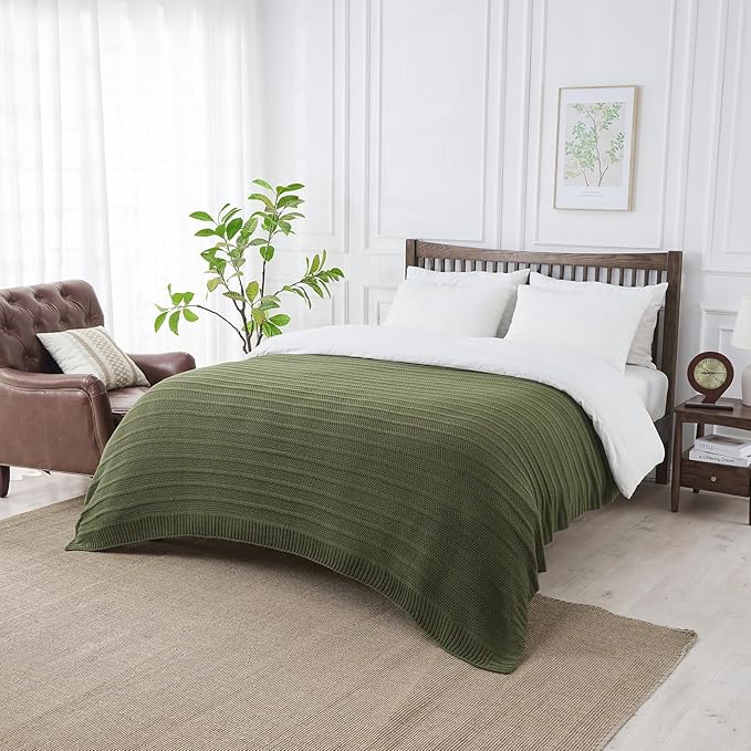 Douceur Olive Green Throw Blanket for Bed, Soft Cozy Lightweight Stripe Pattern Knitted Throw Blanket for Sofa, Kids Room, Living Room, 60"X80"