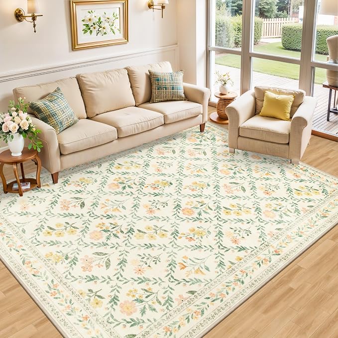 Area Rug Living Room Rugs: Floral 4x6 Washable Rug Vintage Soft Boho Non-Slip Carpet Stain Resistant Large Carpets for Bedroom Dining Room Farmhouse Nursery Hallway Home Office Beige/Multi