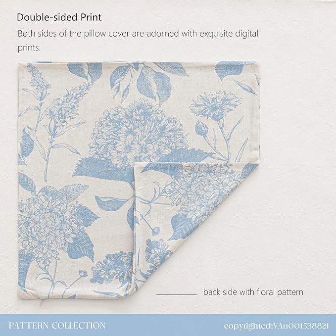 Foindtower Set of 2 Linen Floral Vintage Throw Pillow Covers Neutral Accent Decorative Cozy Cushion Covers Farmhouse Boho Home Decor for Sofa Chair Couch Bedroom Living Room,18×18 Inch,Sky Blue