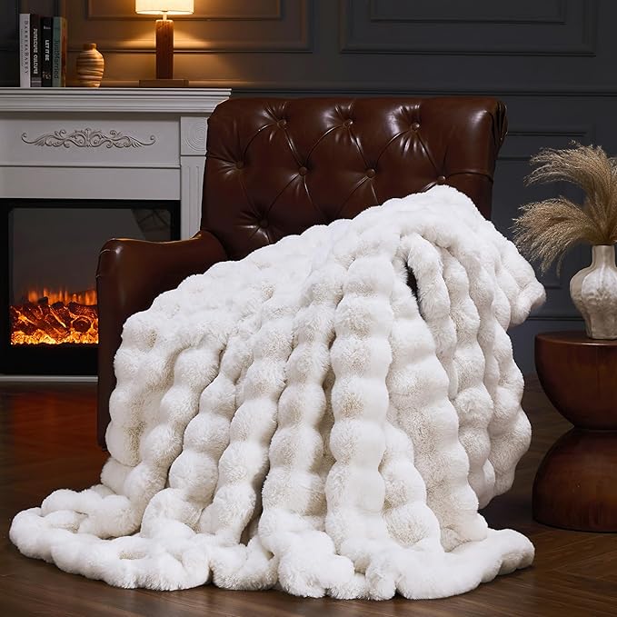 Faux Fur Throw Blanket for Couch, Fluffy Fuzzy Plush Bubble Blanket, Soft Warm Cozy Shaggy Rabbit Blanket, Luxury Decorative Gifts for Sofa Bedroom Living Room, 90x90inch (Beige)