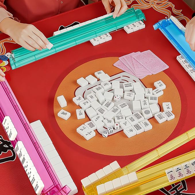 4 Colors Mahjong Racks with Pushers,All-in-One American Majiang Tile Racks,Mahjong Accessories Set of 4