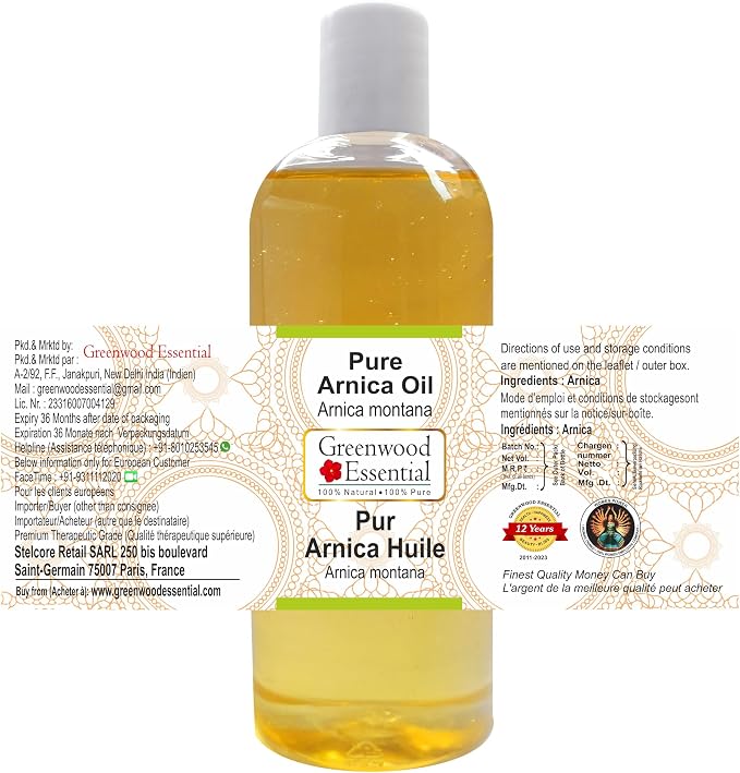 Greenwood Essential Arnica Oil (Arnica montana) | Infused | Pure | Non-Sticky | Lightweight | For Massage Preparations | Natural | Ayurvedic | For Men & Women | All Skin Types | 200ml (6.76 oz)