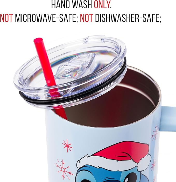 Silver Buffalo Disney Lilo and Stitch Christmas Holiday Santa Hat and Snowflakes Double Walled Stainless Steel Tumbler with Handle and Straw, Fits in Standard Cup Holder, 40 Ounces