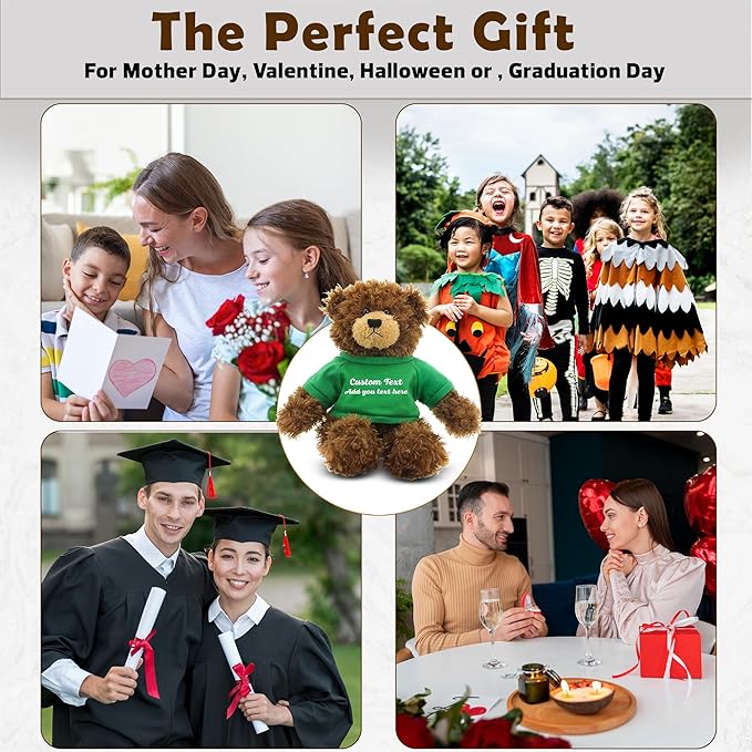 Customized Chocolate Brandon Bear - 12 inch Personalized Stuffed Bear Plush Toy - Perfect Custom Shirt Bear Gift for Graduation Valentines Graduation Easter Holidays (Green Shirt)