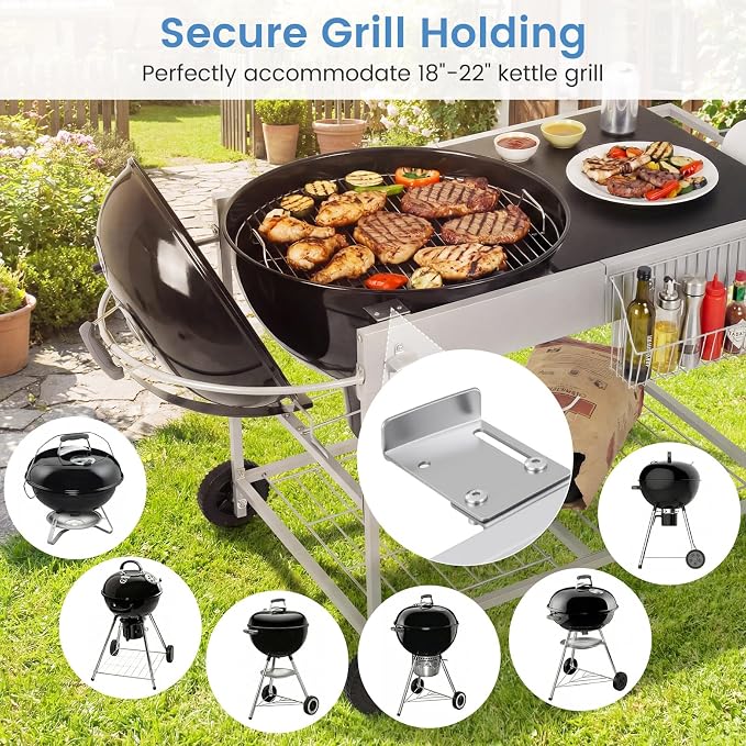 HAPPYGRILL Outdoor Grill Table w/Storage for 18”& 22” Weber Original Kettle | Movable BBQ Grill Cart with Wire Rack, Seasoning Rack & Garbage Can, Prep Kitchen Island for Backyard Camping Picnic