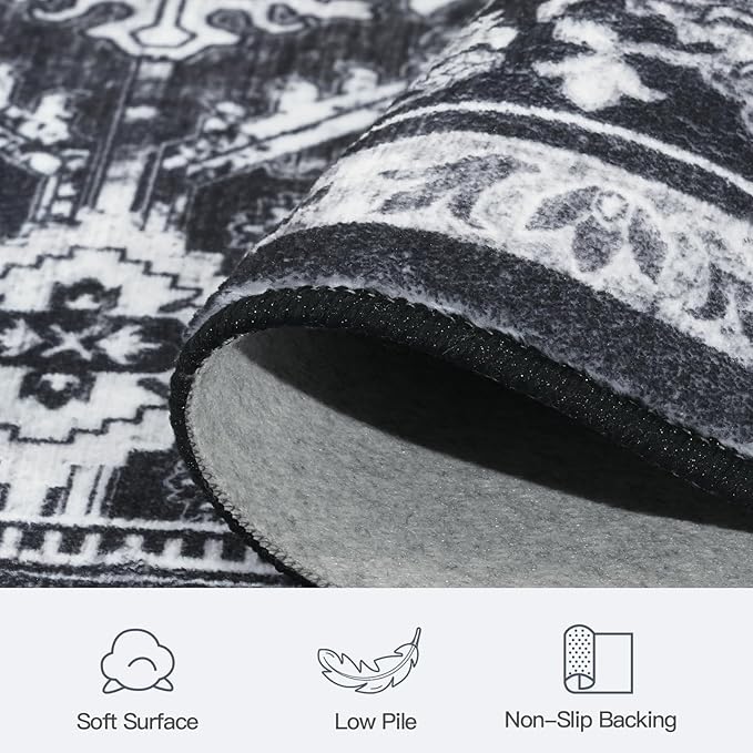 5x7 Area Rugs for Living Room Bedroom, Black Washable Non-Slip Carpet | Soft Area Rug for Dining Room Home Office Indoor Nursery, Stain Resistant, Low Pile, Vintage Boho Distressed Rug
