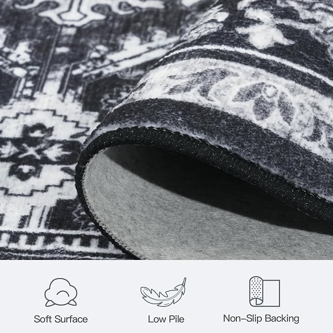 9x12 Area Rugs for Living Room, Black Washable Non-Slip Large Carpet | Soft Area Rug for Bedroom Dining Room Home Office Indoor Nursery, Stain Resistant, Low Pile, Vintage Boho Distressed Rug