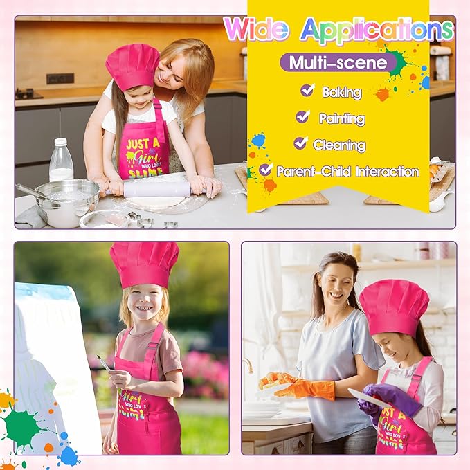 R HORSE 2Pcs Kid Apron and Chef Hat Set, Adjustable Children Pink Kitchen Toddler Apron for Girl Who Loves Slime, Dress up Role Play Chef Toy Funny Cooking Gift Birthday Gift for Kids Baking Painting