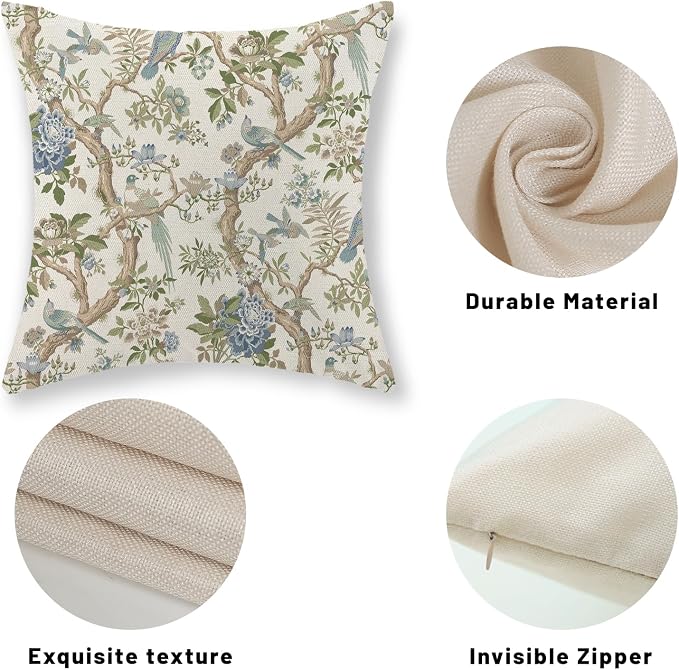 Blue Green Floral Bird Pillow Covers 20x20 Set of 2 Chinoiserie Throw Pillows Green Vintage Flowers Bird Decorative Pillow Cases Outdoor Chinoiserie Decor Farmhouse Cushion Case for Couch Sofa