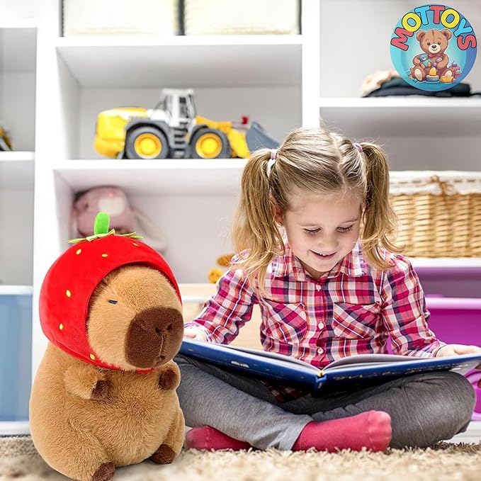 Capybara Cute Plush - 8 inch Stuffed Animal Plushies - Children's Toy with Turtle Backpack - Soft Pillow for Home Decorations - Hugging Figures for Boys and Girls (Capybara with Strawberry)