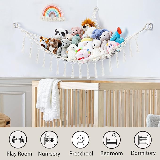 Stuffed Animal Net or Hammock with Light,Yewiwin Macrame Hanging Net Hammock for Stuffed Animal Toy Storage Organizer Boho Decor Room Holder for Nursery Play Room Bedroom (Beige-2)