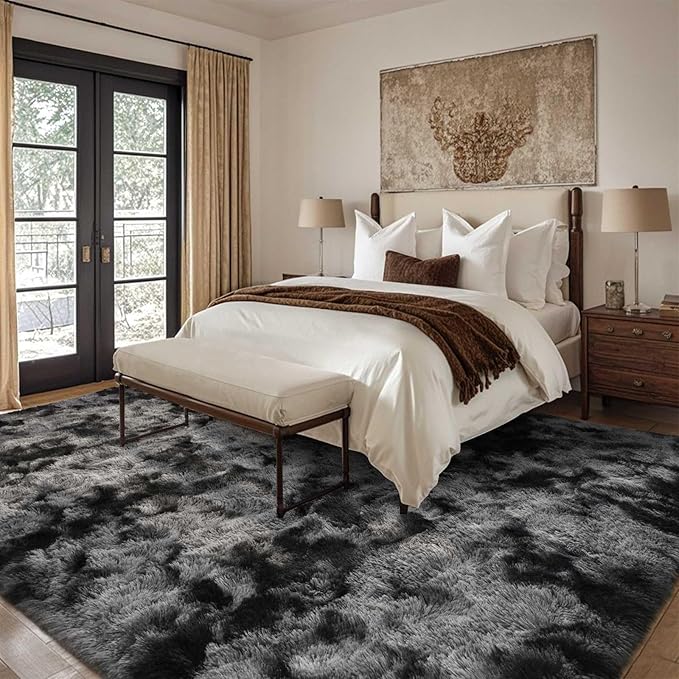 7x10 Ft Extra Large Shag Rugs for Living Room, Tie Dyed Ultra Soft Fluffy Furry Area Rugs for Bedroom Indoor Floor, Aesthetic Carpet for Kids Home Decor (Dark Grey)