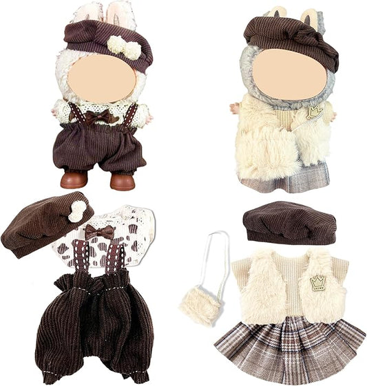 Doll Clothes for Labubu,Cute Outfit for 17cm Doll Clothe 2/3PCS Clothes and Hats Stylish Dolls Clothe for 17 cm Labubu,Casual Style Costumes for Labubu Dolls (Brown hat Set)