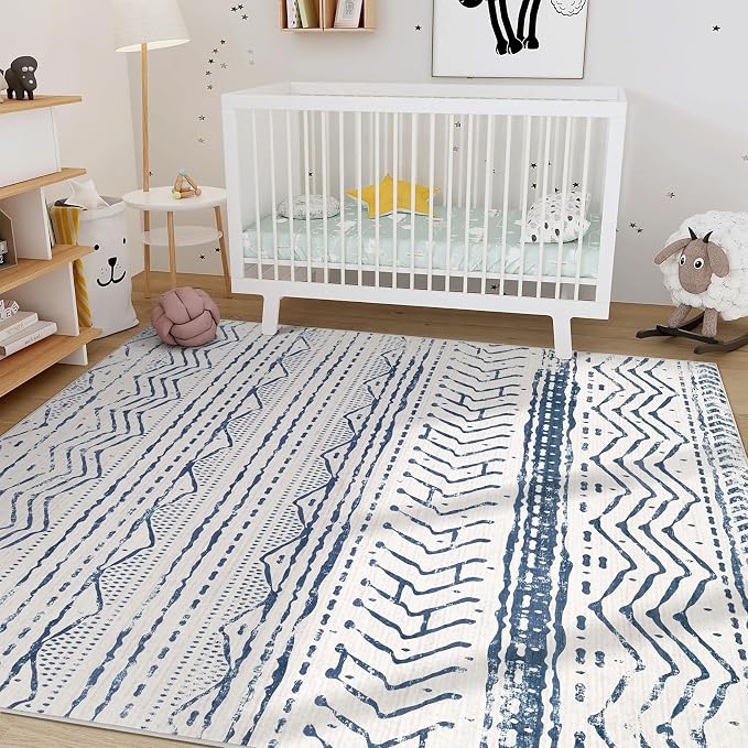 Nakagishi Boho 5x7 Area Rug Living Room Rugs Machine Washable Navy Blue | Soft, Pet & Kid Friendly, Carpet for Living Room/Bedroom/Office/Kitchen/Nursery, Daily Home Decor Stain Resistant Moroccan