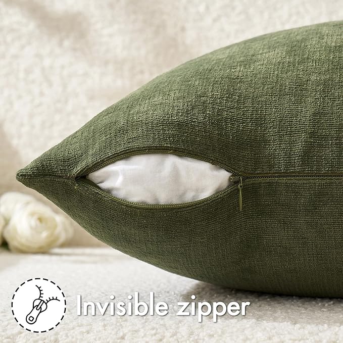 MIULEE Olive Green Chenille Couch Throw Pillow Covers, 18x18 | Set of 2, Soft Modern Farmhouse Style, Decorative Pillowcases for Sofa Living Room Bed, Home Decor