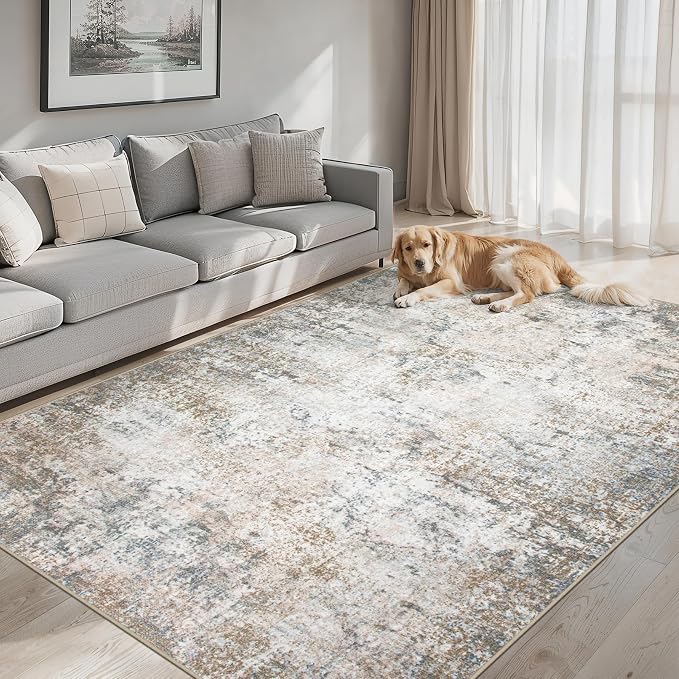 Area Rugs 9x12 Living Room - Washable Rug Modern Abstract Soft Large Neutral Non-Slip Carpet Indoor Floor Stain Resistant Thin Carpets for Bedroom Dining Room Farmhouse Nursery Home Office Brown Grey