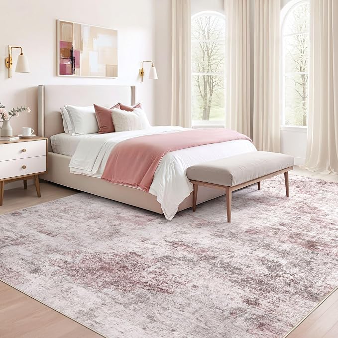 UERMEI 6x9 Washable Area Rug - Neutral Modern Abstract Living Room Rugs, Non-Slip Soft Large Indoor Floor Carpet for Bedroom Home Office & Under Dining Table Decor, Pink Grey