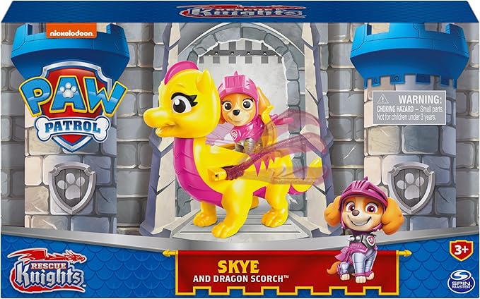Paw Patrol, Rescue Knights Skye and Dragon Scorch Action Figures Set, Kids Toys for Ages 3 and up