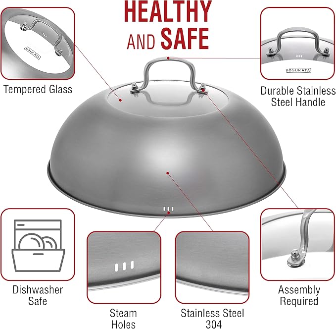 YOSUKATA Blue Round Bottom Wok Pan – 14" Woks and Stir Fry Pans + Wok Lid 13.6 Inch - Premium Stainless Griddle Dome with Tempered Glass Insert Steam Holes