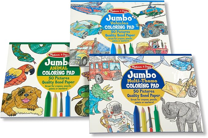 Melissa & Doug Jumbo 50-Page Kids' Coloring Pads 3-Pack - Animals, Vehicles, and Multi-Themed - FSC Certified