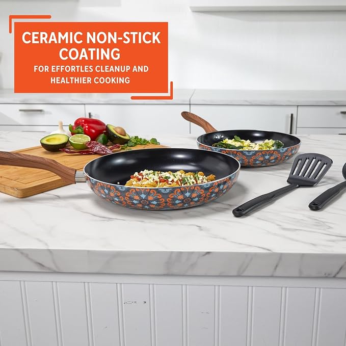 IMUSA 4 Piece 8 & 10 Inch Talavera Aluminum Black Ceramic Fry Pan Set | Nonstick Ceramic Surface, Soft-Touch Handles, Includes 8 Inch and 10 Inch Fry Pans, Great for Daily Use