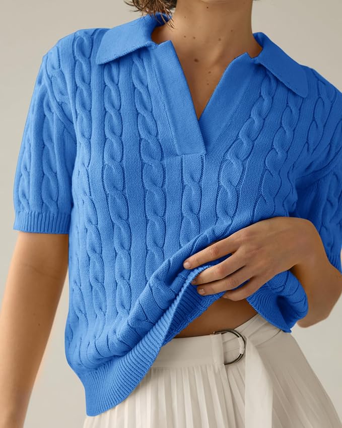 Imily Bela Womens Cable Short Sleeve Sweaters Tops Lapel V Neck Knit Shirt | Solid,Knit Casual,Soft Pullover,Fall Sweaters,Womens Summer Work Tops