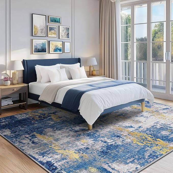 RELEANY Washable Area Rugs 5'x7' Non-Slip Modern Abstract Soft for Living Room Entryway Bedroom Kitchen, Print Pattern, Grey Blue Gold/Golden