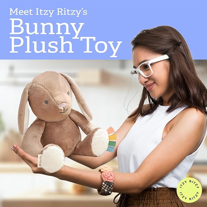 Itzy Ritzy Snuggles Plush Toy – Soft Stuffed Animal for Babies, Kids & Adults – Sensory Ribbons & Textured Fabrics for Tactile Play – Cozy & Cuddly Companion for Newborns & Up (Taupe Bunny)