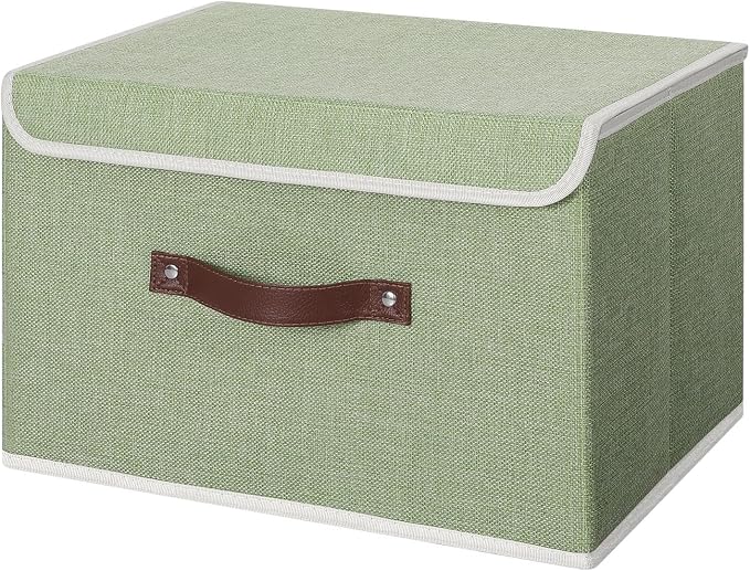 ANMINY Fabric Storage Box Bins with Lids, Green, 15"x10"x10" | Keepsake Memory Storage, Cotton Linen, PP Board Reinforced, Washable, PU Handles, Foldable & Stackable, Decorative, Large