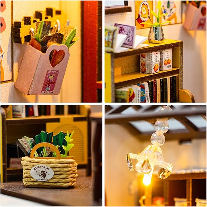 Foyucool DIY Miniature House Kit, Dollhouse Kit with LED Light, Mini House Building Kits for for Adult to Building, Christmas Home Decorations Gifts for Family and Friends, Kitchen