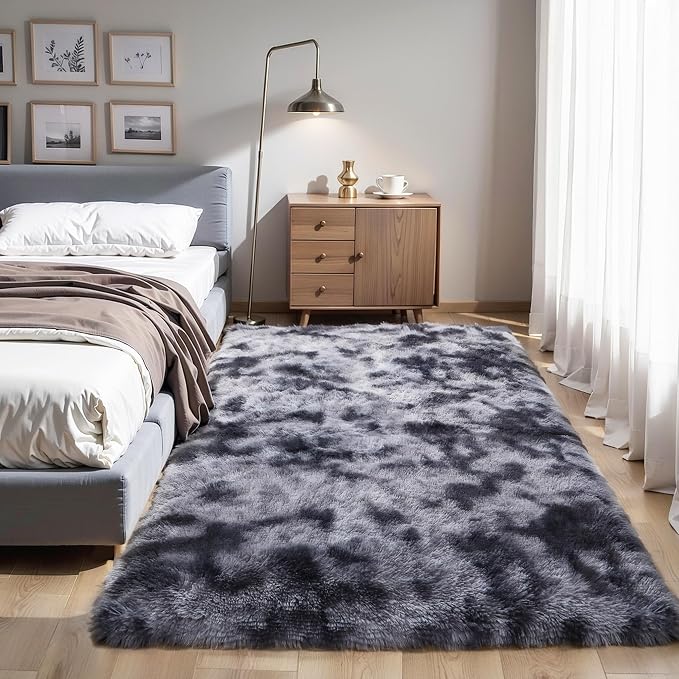 KICHOWUA 5x8 Thick Dark Grey Fluffy Shag Rug for Bedroom, Plush Washable | Area Rug for Living Room, Kids Nursery, Dorm Room, Non Slip Shaggy Floor Carpet